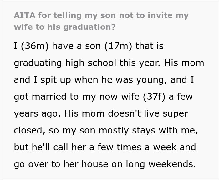 Text excerpt discussing a stepmom's reaction after a teenager invites his mom instead of her to graduation event.