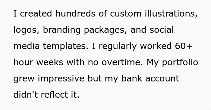 Text excerpt about graphic designer&rsquo;s work and unpaid effort, highlighting agency stealing years of graphic designer&rsquo;s work.