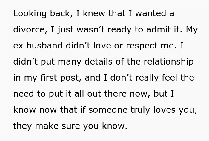 Text excerpt discussing a woman reflecting on divorce and lack of love and respect from her husband after a cross-country move.