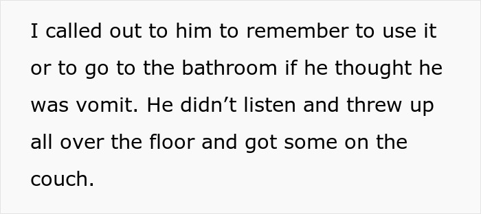Text excerpt describing a sick husband refusing to use a trash can, vomiting on the floor and couch instead.