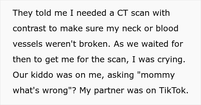 Woman scared and bruised in ER, crying while waiting for CT scan, as her husband is busy on TikTok nearby.