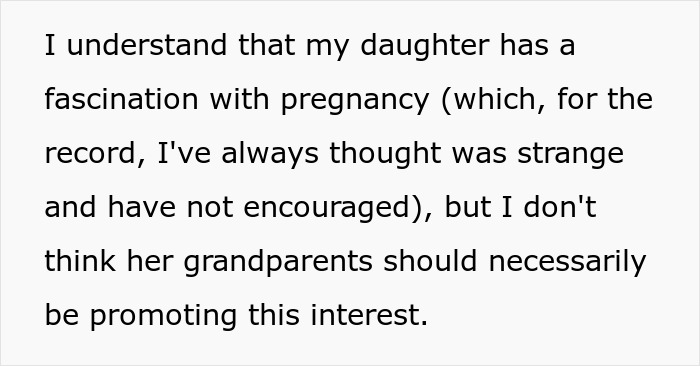 Alt text: Mom upset over MIL&rsquo;s weird gift encouraging pregnancy obsession in her 6-year-old daughter, sparking family tension.