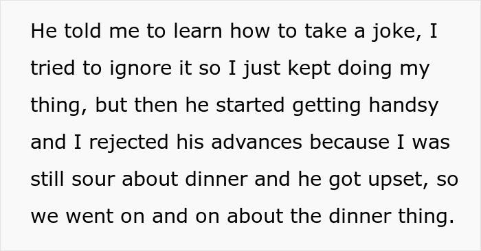 Text excerpt showing a woman describing how her husband undermines her job and gets defensive in front of his boss.