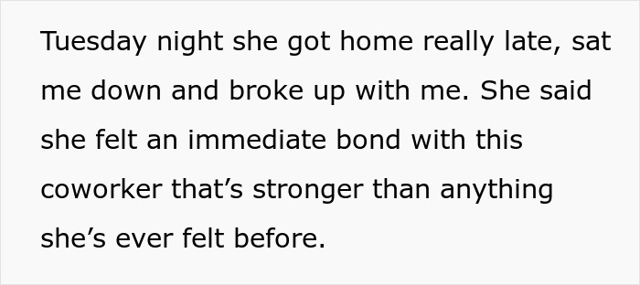Text excerpt about breakup and strong bond with coworker, related to ex fiance Valentine Day apartment story.