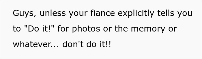 Text warning about not smashing cake at a wedding unless the fiancé explicitly agrees, related to groom smashing cake hurts bride with fork. Text warning about not smashing cake at a wedding unless the fiancé explicitly agrees, related to groom smashing cake hurts bride with fork.