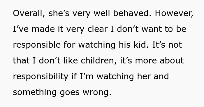 Text about responsibility for watching a kid, linked to roommate vanishing with ex and blaming him when she gets hurt.