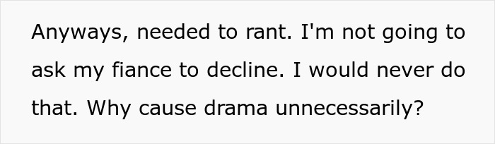 Text post showing a woman ranting about not wanting her fianc&eacute; at a friend&rsquo;s wedding without her present.