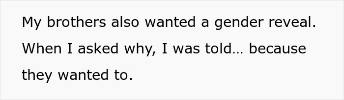 Text on a white background reads a conversation about brothers wanting a gender reveal party, related to pregnancy announcement conflicts.