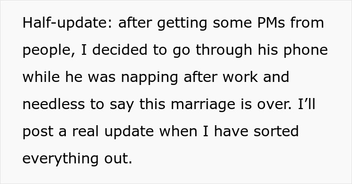 Text update about marriage ending after discovering truth on husband&rsquo;s phone, relating to jealousy over the girl he led on.