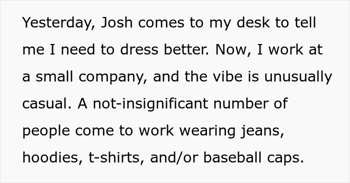Employee wears full suit to office to spite boss, leading to boss demotion in workplace dress code dispute.