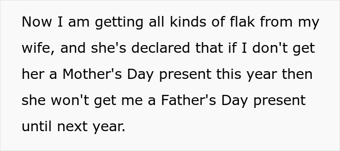 Husband refusing to get a Mother's Day gift for his pregnant wife, not considering her a mom yet.