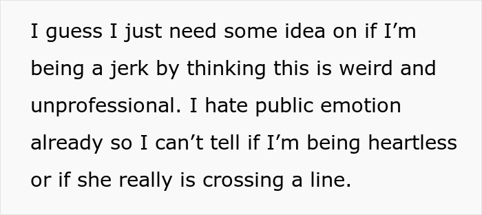 Text discussing a coworker&rsquo;s tears and drama at the office while another employee seeks a peaceful 9-to-5 workday.