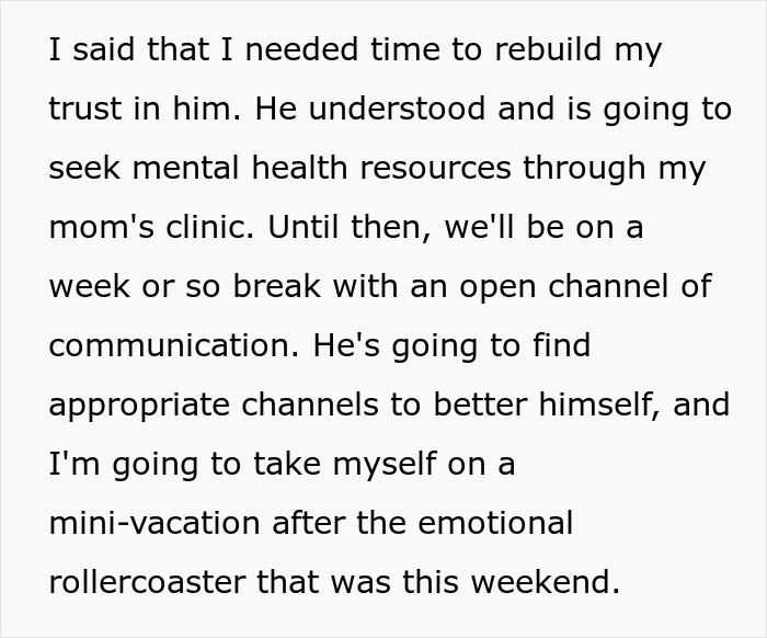 Text excerpt discussing rebuilding trust, mental health resources, and taking a break after stopping a boyfriend&rsquo;s proposal at a wedding.