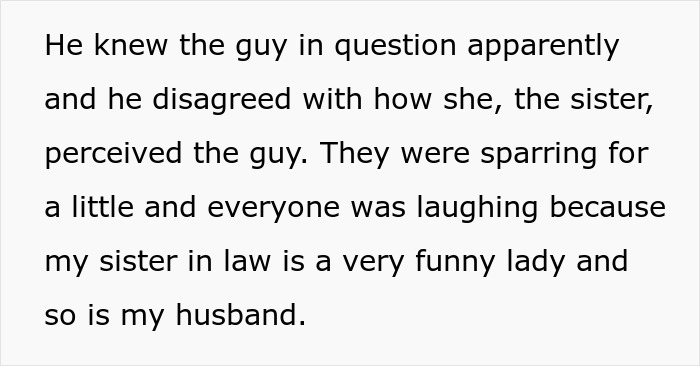 Text excerpt about a man and his wife, highlighting a humorous disagreement involving family members and perceptions.