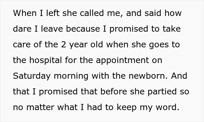 Text excerpt explaining sister promising to return after lunch and leaving 18-year-old with two kids for four days.