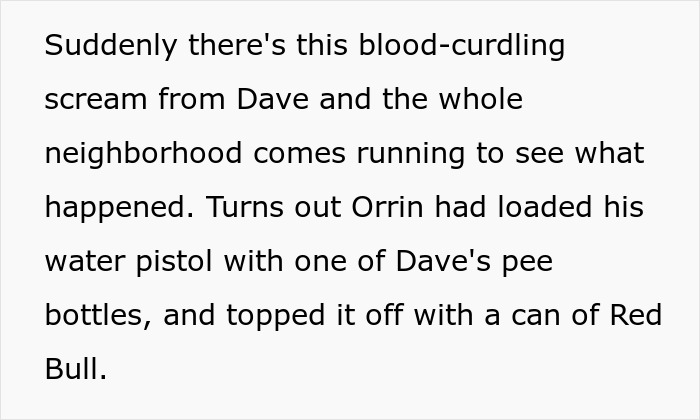 Text describing a mailman dumping bottles of pee in gardens and a 12-year-old kid taking smelly, sticky revenge.