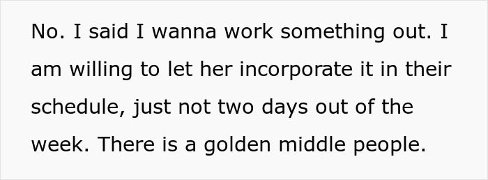 Text of a message discussing willingness to compromise on schedule for kids, related to mom refusing fast food from MIL.