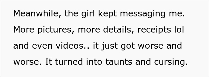 Text excerpt about a girlfriend learning truth about boyfriend’s affair and messages escalating to taunts and cursing. Text excerpt about a girlfriend learning truth about boyfriend’s affair and messages escalating to taunts and cursing.