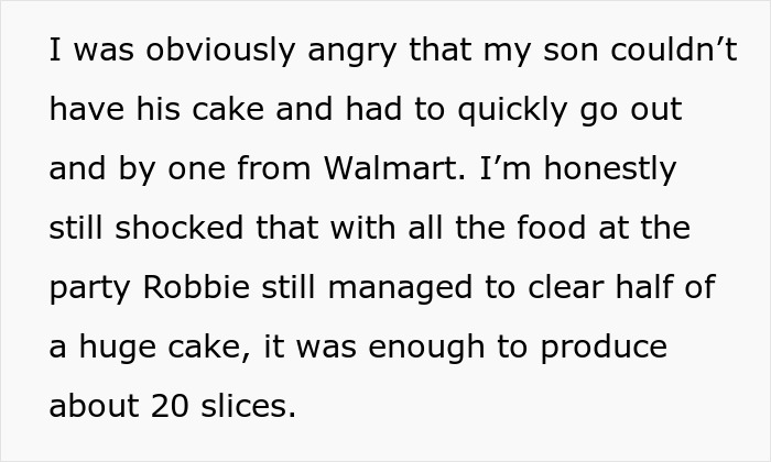Text excerpt discussing anger over son&rsquo;s birthday cake ruined by nephew, highlighting family conflict and fatphobia claims.