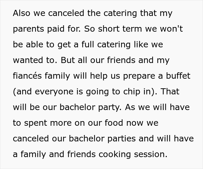 Text discussing a couple canceling paid catering for their wedding and having family and friends prepare a buffet instead.