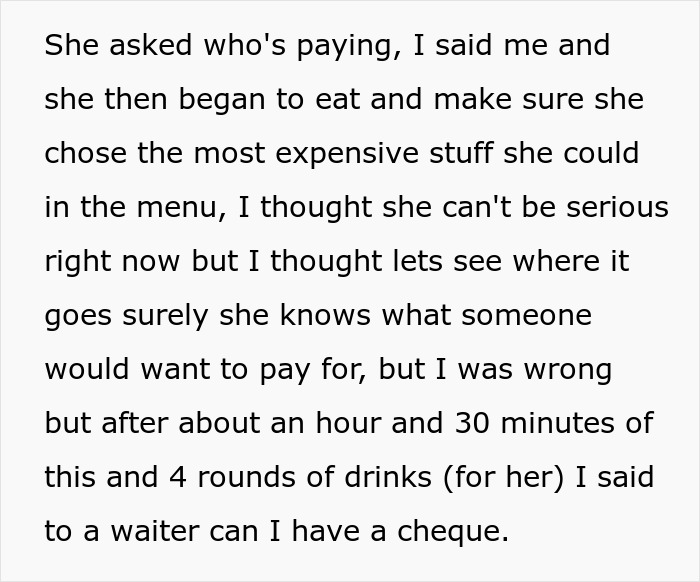 Text excerpt describing a friend&rsquo;s girlfriend ordering the most expensive meals on the menu knowing the guy is paying.