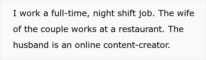 Text about a man refusing to babysit roommate&rsquo;s kid after a night shift, highlighting exhaustion and conflict.