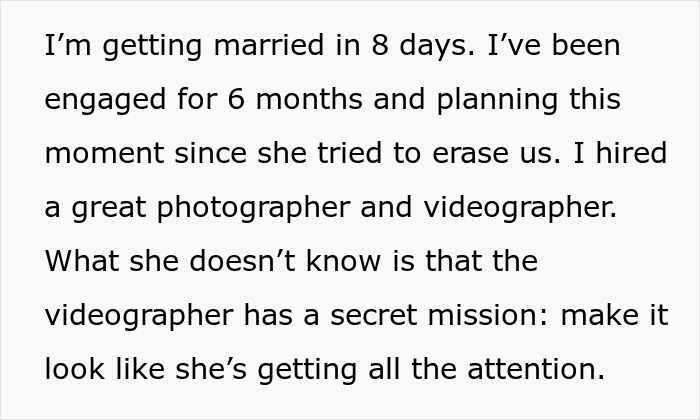 Text post about wedding revenge and a secret plan to make another woman appear to get all the attention on the big day.