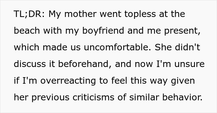 Woman feels betrayed after her mother goes topless at the beach in front of her boyfriend, causing discomfort and tension. Woman feels betrayed after her mother goes topless at the beach in front of her boyfriend, causing discomfort and tension.