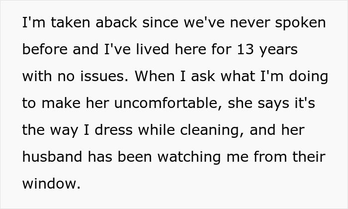 Neighbor complains about woman’s outfit because her husband keeps staring at her from their window while she cleans. Neighbor complains about woman’s outfit because her husband keeps staring at her from their window while she cleans.