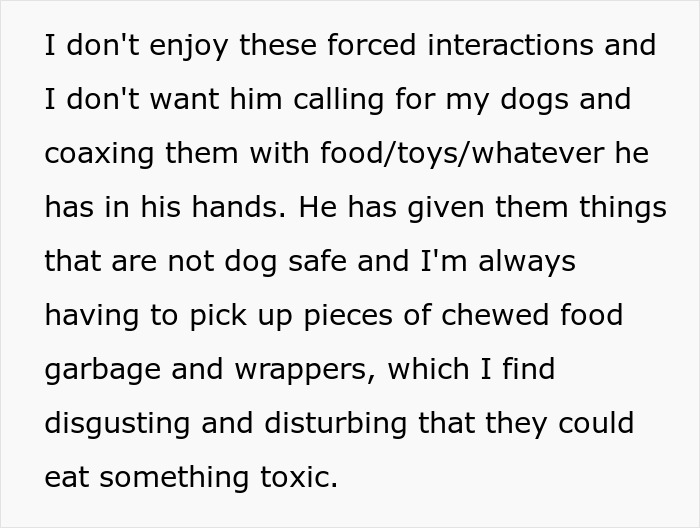 Text discussing concerns about neighbor’s kid turning fence into fast food window for dogs and building barricade. Text discussing concerns about neighbor’s kid turning fence into fast food window for dogs and building barricade.