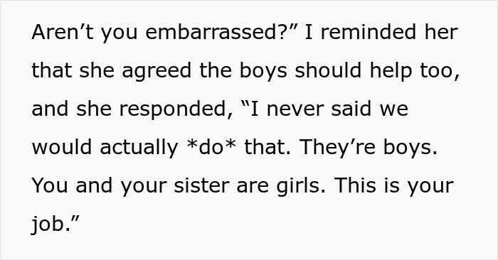 Text showing a woman boycotting chores at sexist parents' house until her bros help clean, highlighting gender roles and responsibility. Text showing a woman boycotting chores at sexist parents' house until her bros help clean, highlighting gender roles and responsibility.