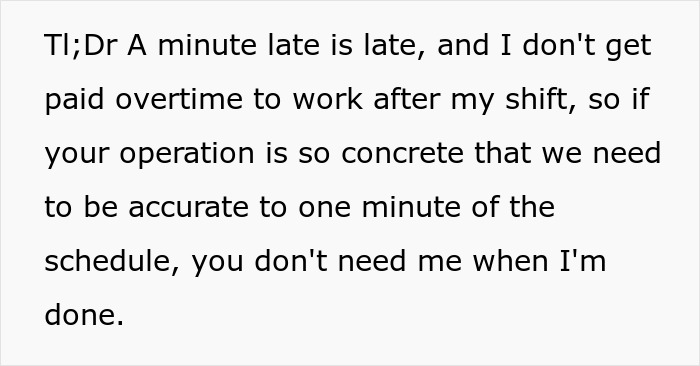 Worker explains one minute late rule leads to no overtime, showing how boss&rsquo;s strict policy affects work hours.