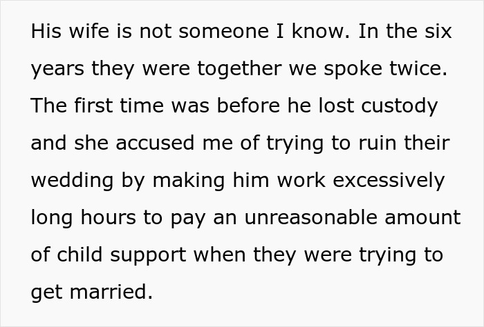 Text excerpt discussing a woman&rsquo;s husband losing custody and conflicts involving child support and marriage.