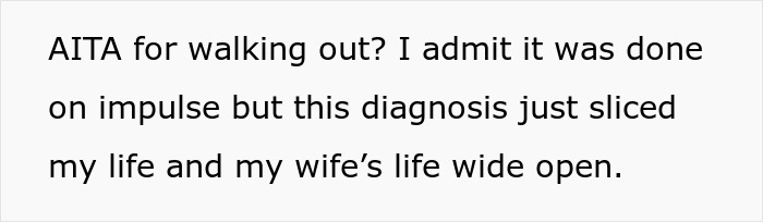 Man walks out after wife&rsquo;s cancer diagnosis ends hope for biological kids, facing judgment from mother-in-law.