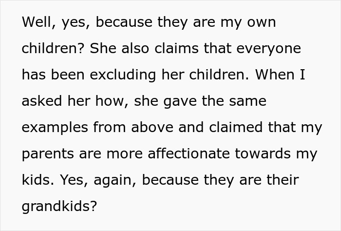 Text discussing treating brother's girlfriend's kids differently and family affection toward own children and grandkids.
