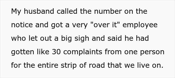 Text showing a husband calling about overgrown weeds complaints from an annoying neighbor on their road strip.