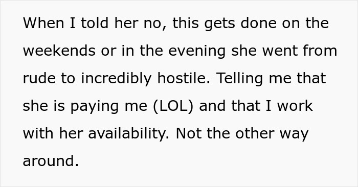 Text excerpt highlighting finger-snapping Karen treating engineer like a servant, leading to regret after he quits.