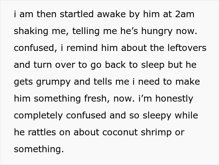 Text message about a guy demanding dinner at 2AM, confusing and annoying his girlfriend who is sleepy and frustrated. Text message about a guy demanding dinner at 2AM, confusing and annoying his girlfriend who is sleepy and frustrated.
