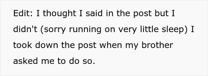 Screenshot of an online post edit explaining removal of post about sister-in-law's texts after brother's request.