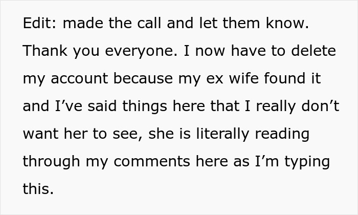 Text message about deleting account after ex wife finds comments, highlighting concerns about how roommate’s guest treats her kid. Text message about deleting account after ex wife finds comments, highlighting concerns about how roommate’s guest treats her kid.