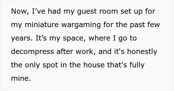 Text about a man prioritizing his miniature wargaming studio as his personal space over family commitments.