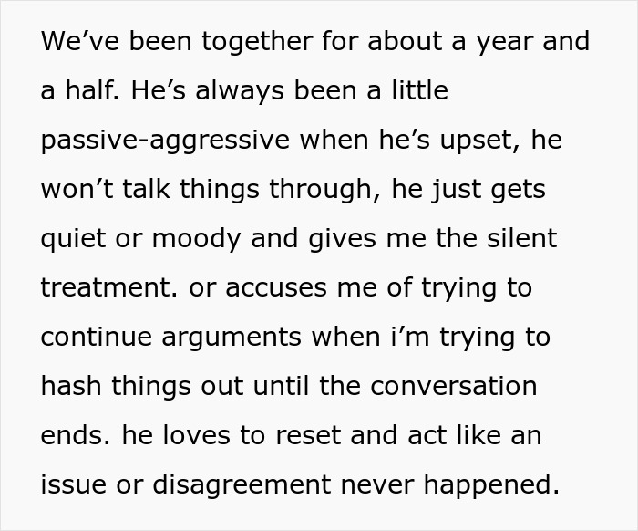 Text excerpt describing a woman&rsquo;s experience with her boyfriend&rsquo;s passive-aggressive behavior and silent treatment.