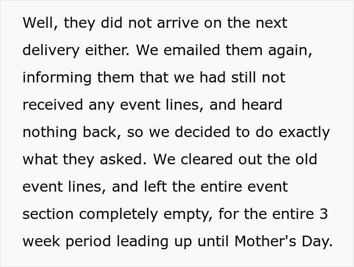 Text excerpt describing a manager instructing staff not to fill empty shelves, resulting in no sales during a three-week period.