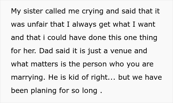 Text message about sister upset over wedding venue booking and family discussing plans made years in advance.