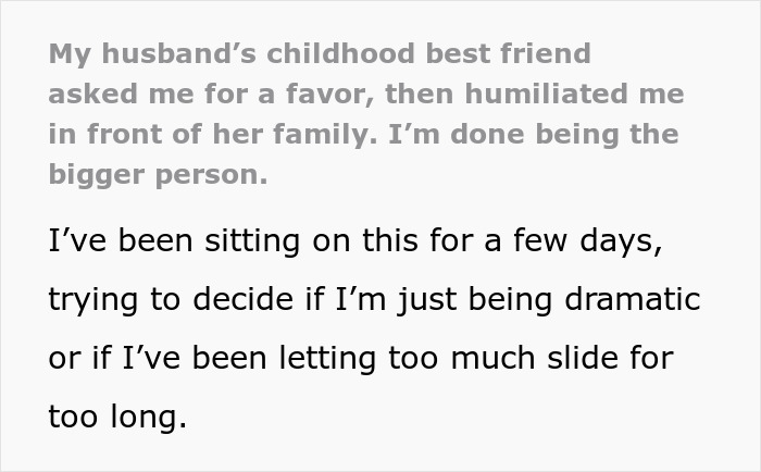 Text excerpt about a husband&rsquo;s childhood best friend asking for a favor and causing humiliation.