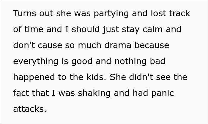 Text excerpt describing a sister leaving an 18-year-old with two kids for days, causing panic attacks.