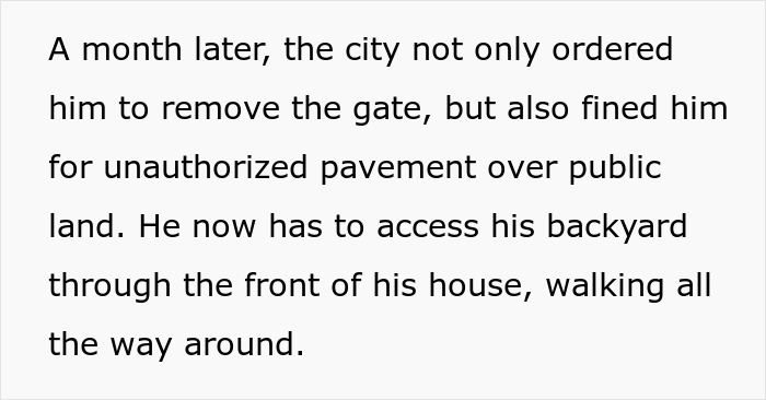 Text about city ordering removal of gate and fining man, while neighbor&rsquo;s fence remains standing after sabotage attempt.