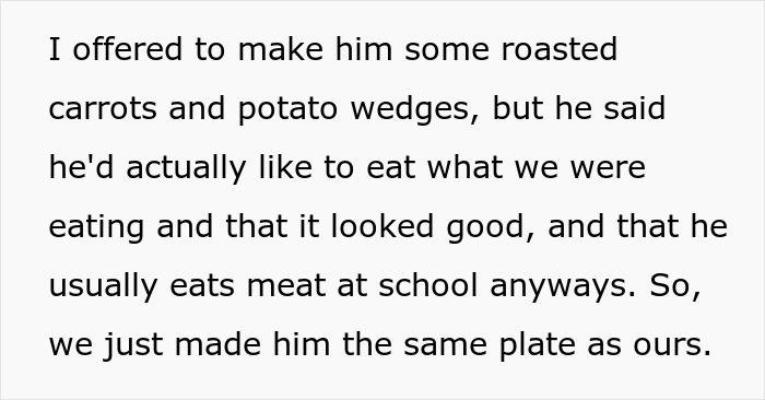 Text excerpt showing a teen discussing eating meat at school despite parents forcing him to be vegan. Text excerpt showing a teen discussing eating meat at school despite parents forcing him to be vegan.