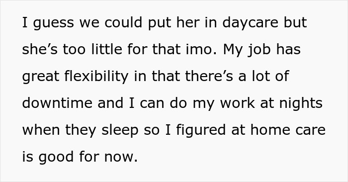 Text excerpt showing a dad explaining his flexible job and deciding not to join wife's work trip with the kids.