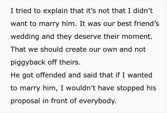 Text excerpt discussing stopping a boyfriend&rsquo;s proposal at a best friend&rsquo;s wedding to respect their moment.